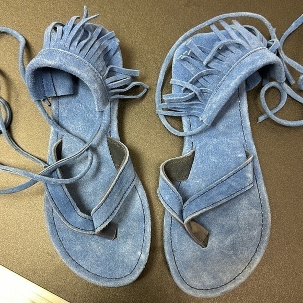 Woman’s blue Suade fringe flip flops with ankle ties size 36